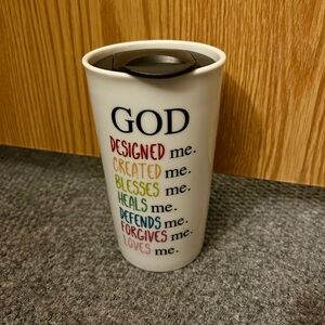 Inspirational 'GOD' White Travel Mug with Colorful Text